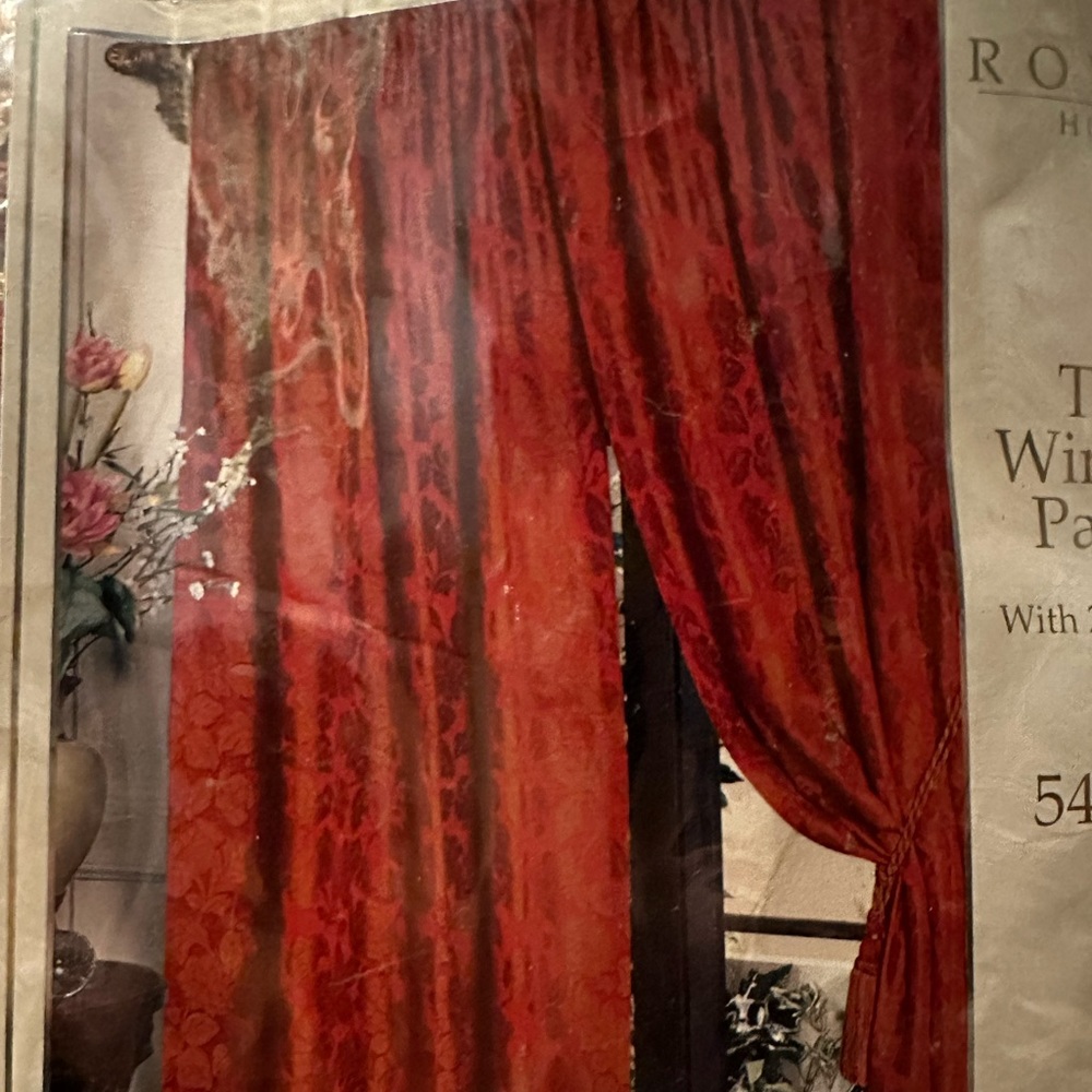 Draperies with tie backs two panels 54” W X 90” L. Rusty red and gold. New!